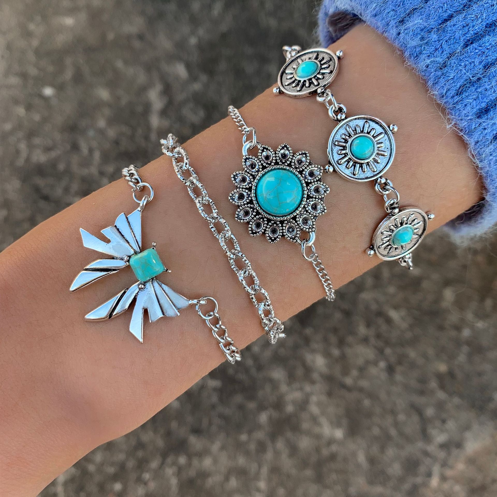 Wholesale Bohemian turquoise bracelet suit exaggerated butterfly turquoise bracelet multi-piece set